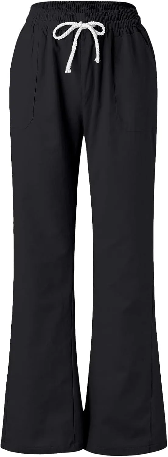PTOLOCIF Women's Casual Cotton Linen Pants Summer Flowy High Waisted Beach Pants Flowy Wide Leg Palazzo Trousers with Pcokets