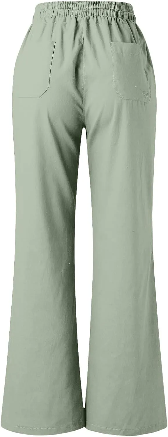PTOLOCIF Women's Casual Cotton Linen Pants Summer Flowy High Waisted Beach Pants Flowy Wide Leg Palazzo Trousers with Pcokets