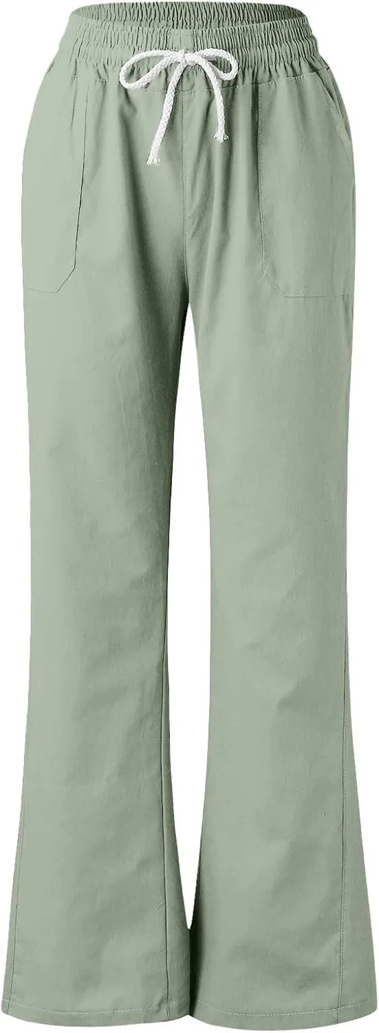 PTOLOCIF Women's Casual Cotton Linen Pants Summer Flowy High Waisted Beach Pants Flowy Wide Leg Palazzo Trousers with Pcokets