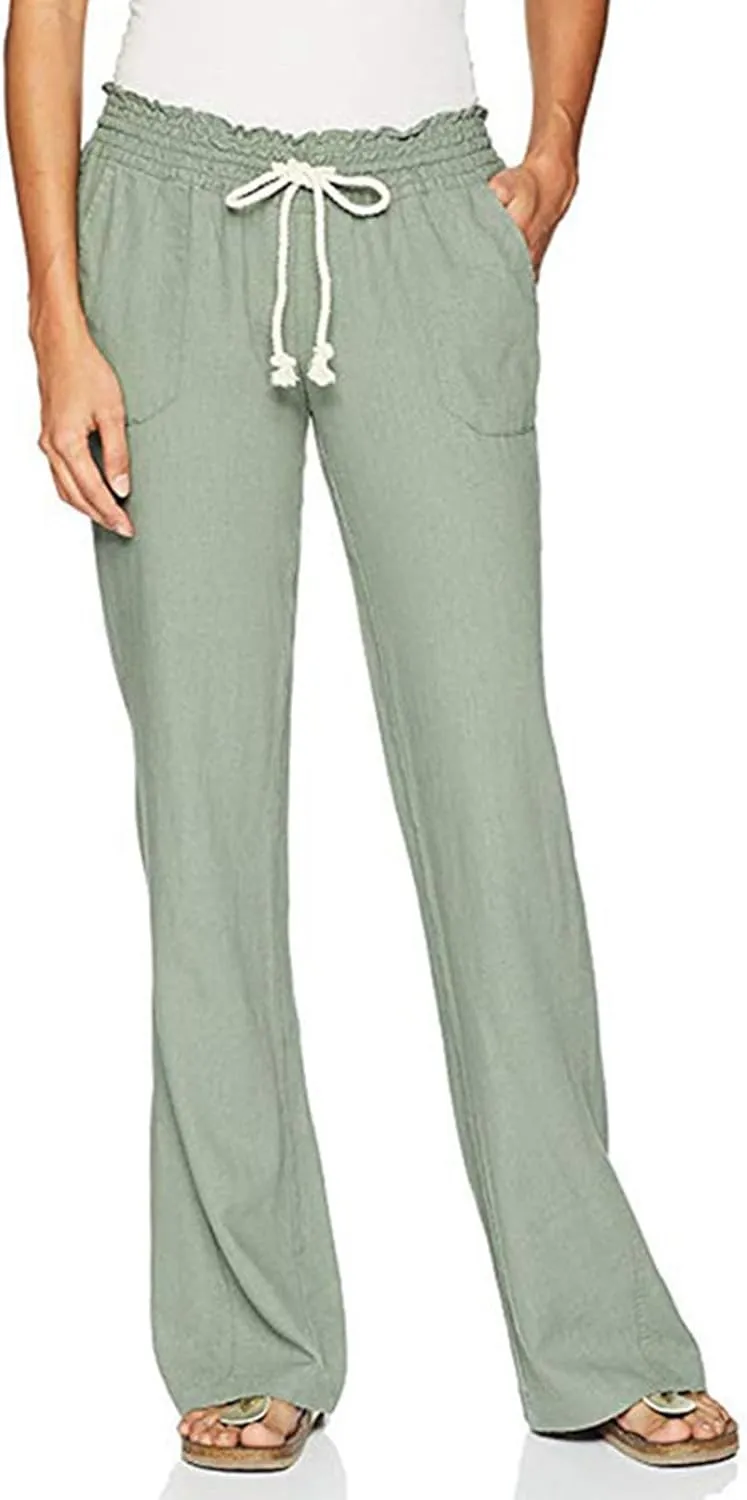 PTOLOCIF Women's Casual Cotton Linen Pants Summer Flowy High Waisted Beach Pants Flowy Wide Leg Palazzo Trousers with Pcokets
