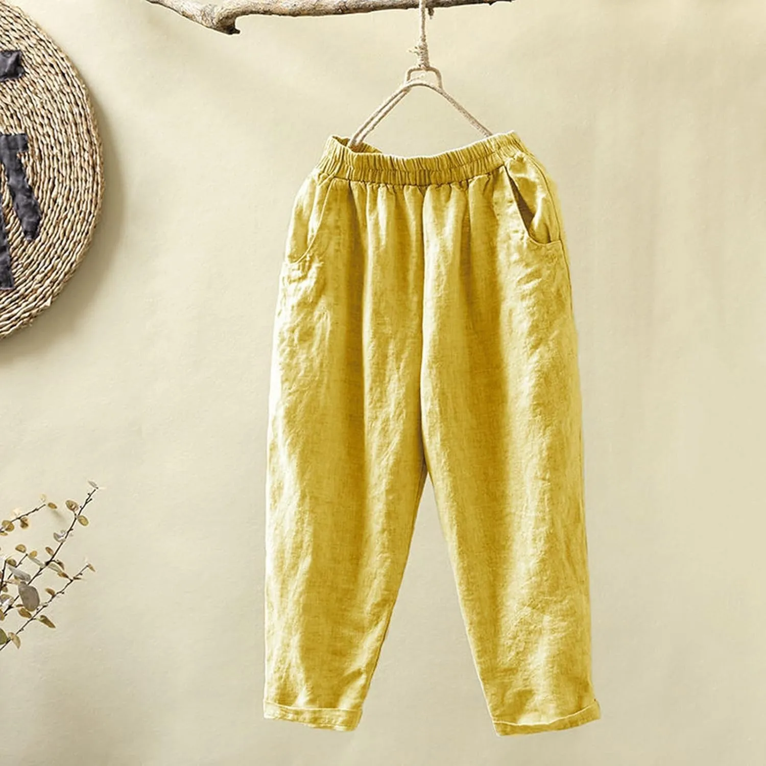 PTOLOCIF Womens Casual Linen Pants Casual High Waist Loose Fit Drawstring Trousers with Pockets Summer Fashion Linen Pants
