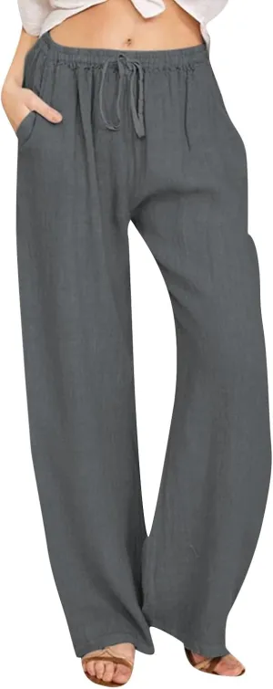 PTOLOCIF Womens Casual Linen Pants Summer Drawstring Elastic Waist Pants Wide Leg Cropped Lounge Trousers with Pockets