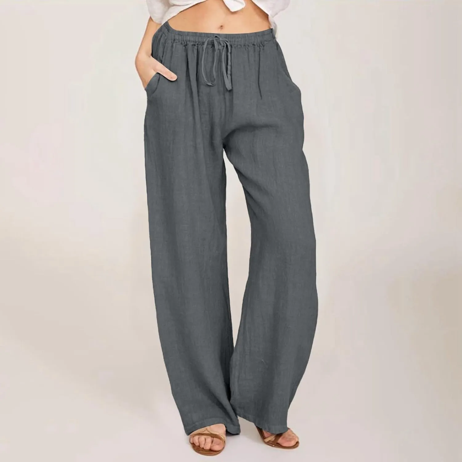 PTOLOCIF Womens Casual Linen Pants Summer Drawstring Elastic Waist Pants Wide Leg Cropped Lounge Trousers with Pockets