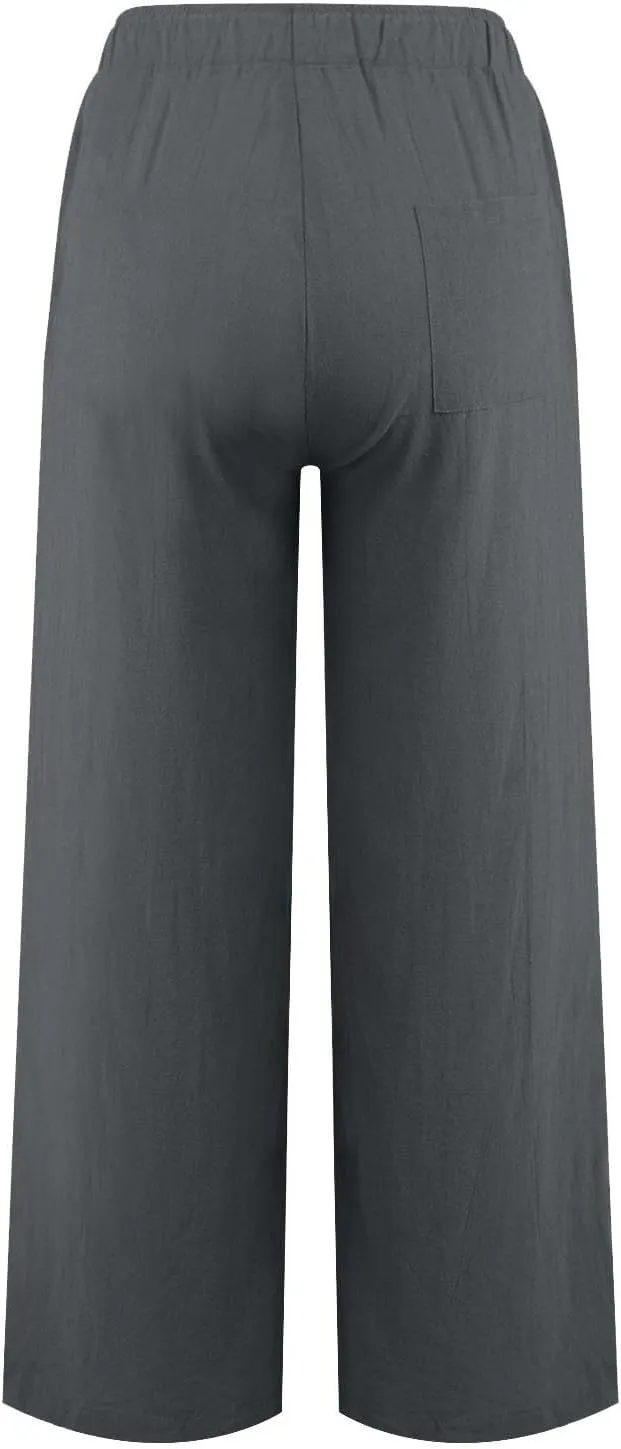 PTOLOCIF Womens Casual Linen Pants Summer Drawstring Elastic Waist Pants Wide Leg Cropped Lounge Trousers with Pockets
