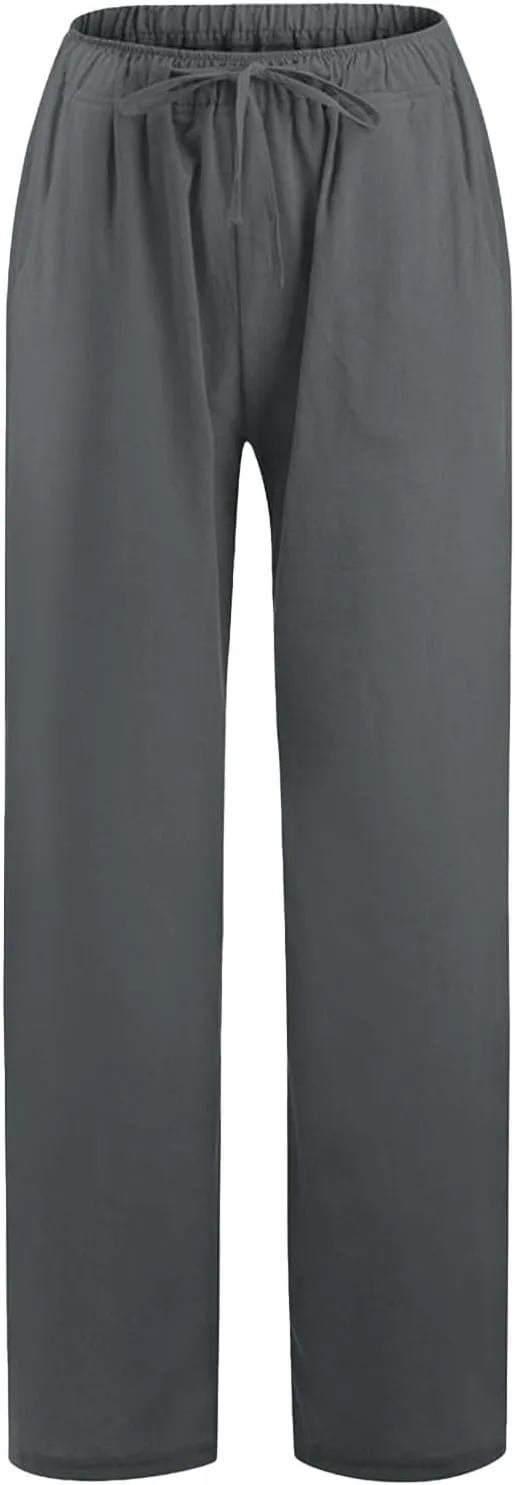 PTOLOCIF Womens Casual Linen Pants Summer Drawstring Elastic Waist Pants Wide Leg Cropped Lounge Trousers with Pockets