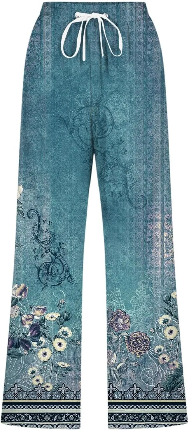 PTOLOCIF Women's Cotton Linen Pants High Waisted Long Palazzo Pants Wide Leg Cotton Linen Lounge Pant Trousers with Pockets