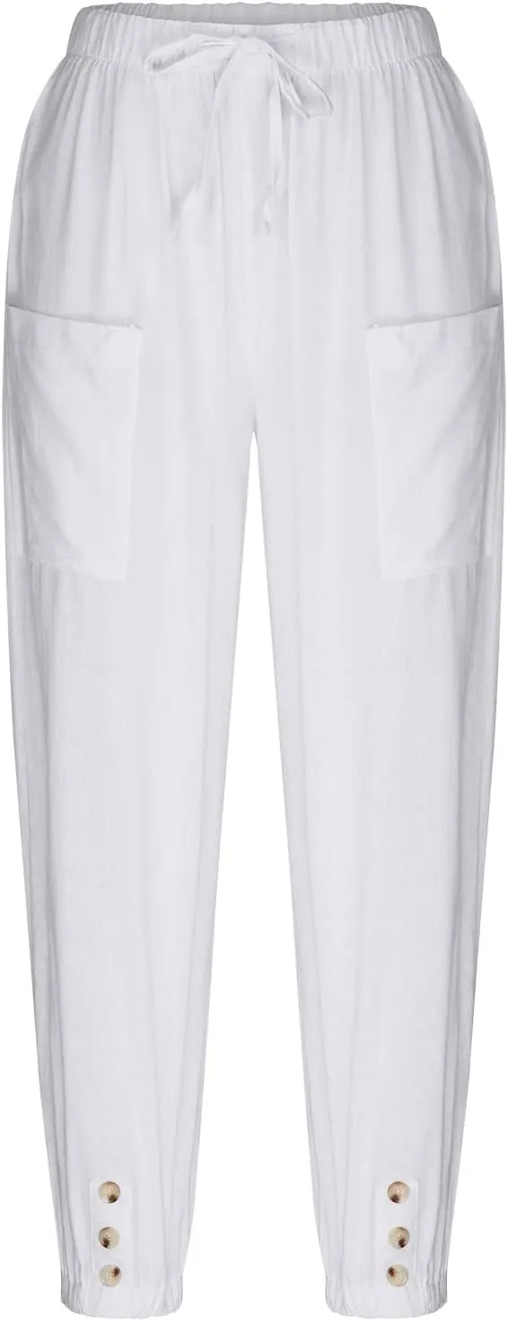 PTOLOCIF Womens Cotton Linen Pants Summer Flowy High Waisted Beach Pants Flowy Wide Leg Palazzo Trousers with Pcokets