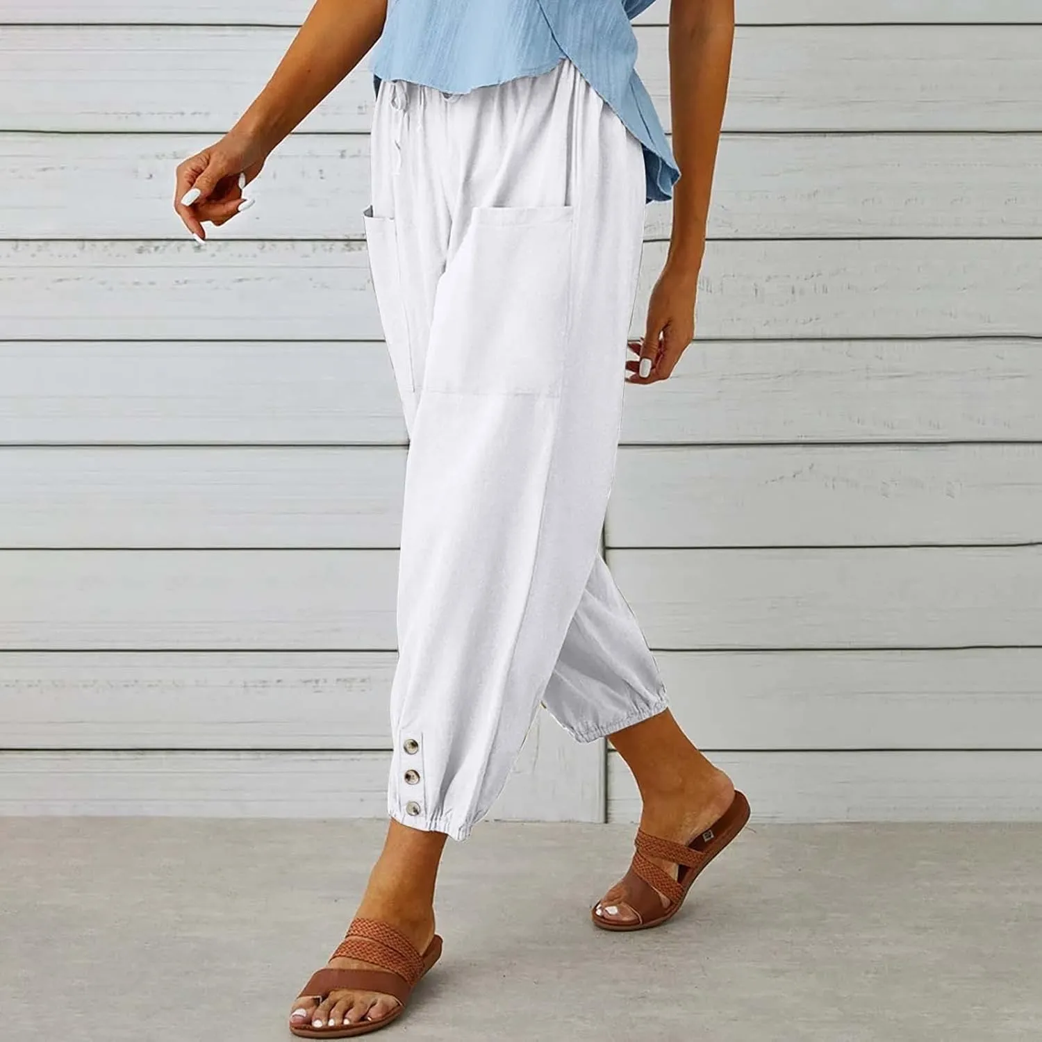 PTOLOCIF Womens Cotton Linen Pants Summer Flowy High Waisted Beach Pants Flowy Wide Leg Palazzo Trousers with Pcokets