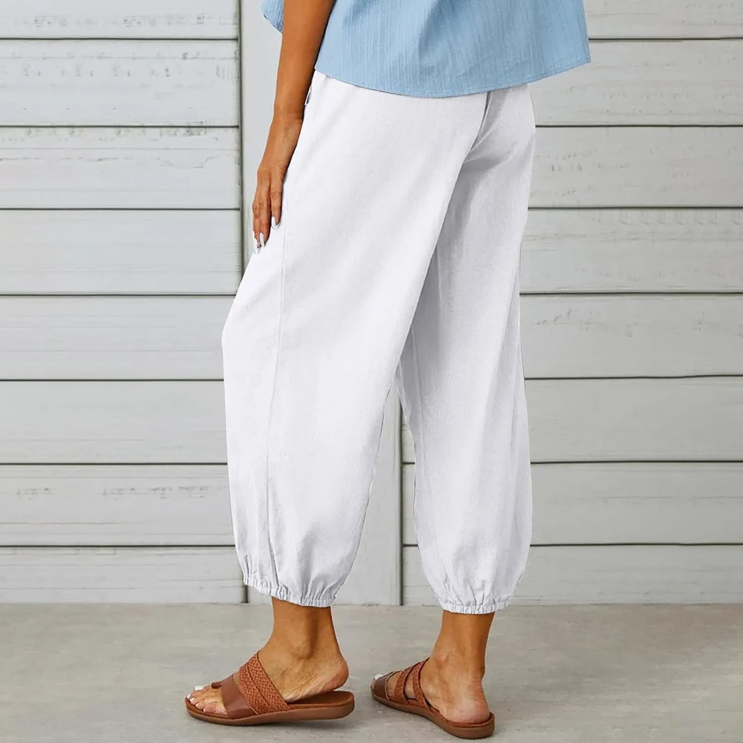 PTOLOCIF Womens Cotton Linen Pants Summer Flowy High Waisted Beach Pants Flowy Wide Leg Palazzo Trousers with Pcokets