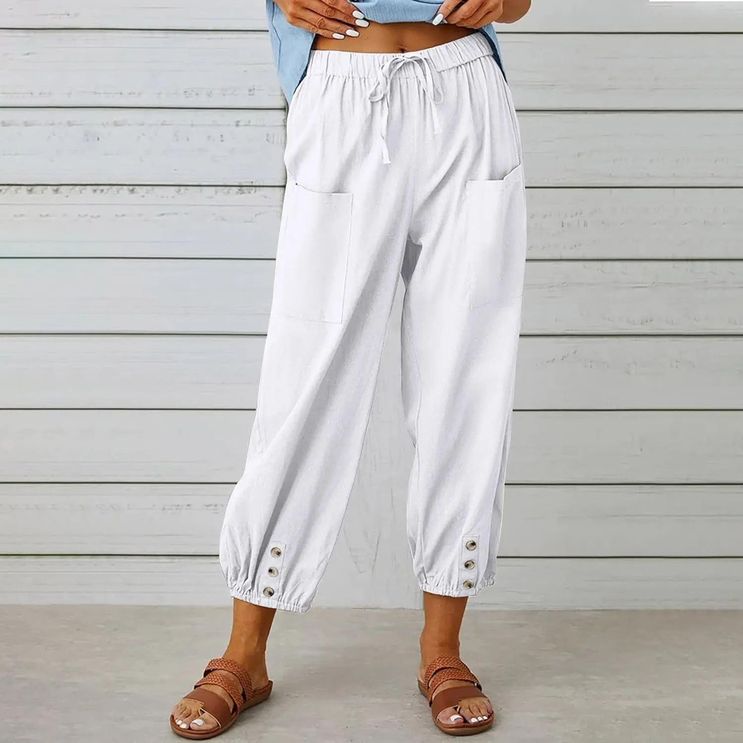 PTOLOCIF Womens Cotton Linen Pants Summer Flowy High Waisted Beach Pants Flowy Wide Leg Palazzo Trousers with Pcokets