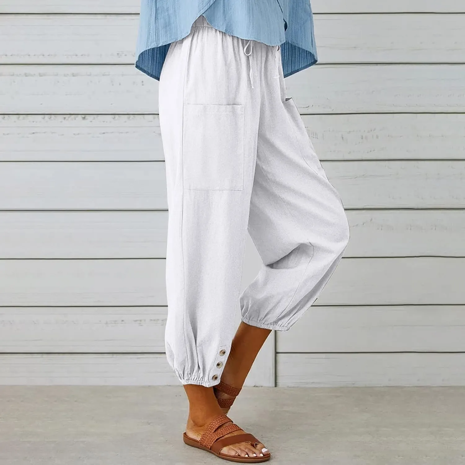 PTOLOCIF Womens Cotton Linen Pants Summer Flowy High Waisted Beach Pants Flowy Wide Leg Palazzo Trousers with Pcokets