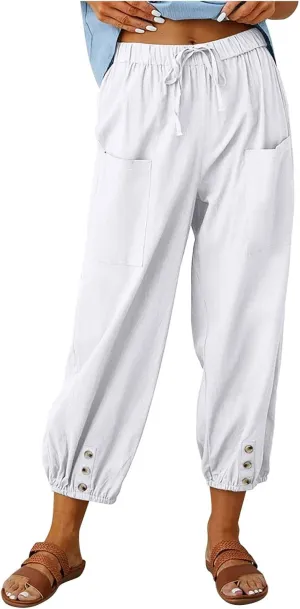 PTOLOCIF Womens Cotton Linen Pants Summer Flowy High Waisted Beach Pants Flowy Wide Leg Palazzo Trousers with Pcokets