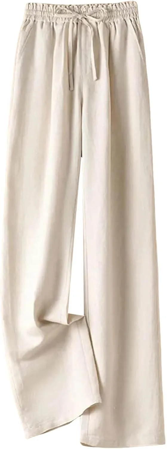 PTOLOCIF Women's Linen Blend Pants Casual Lightweight Wide Leg Palazzo Pant Drawstring Elastic Waist Pants with Pockets