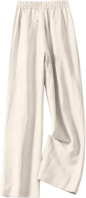 PTOLOCIF Women's Linen Blend Pants Casual Lightweight Wide Leg Palazzo Pant Drawstring Elastic Waist Pants with Pockets