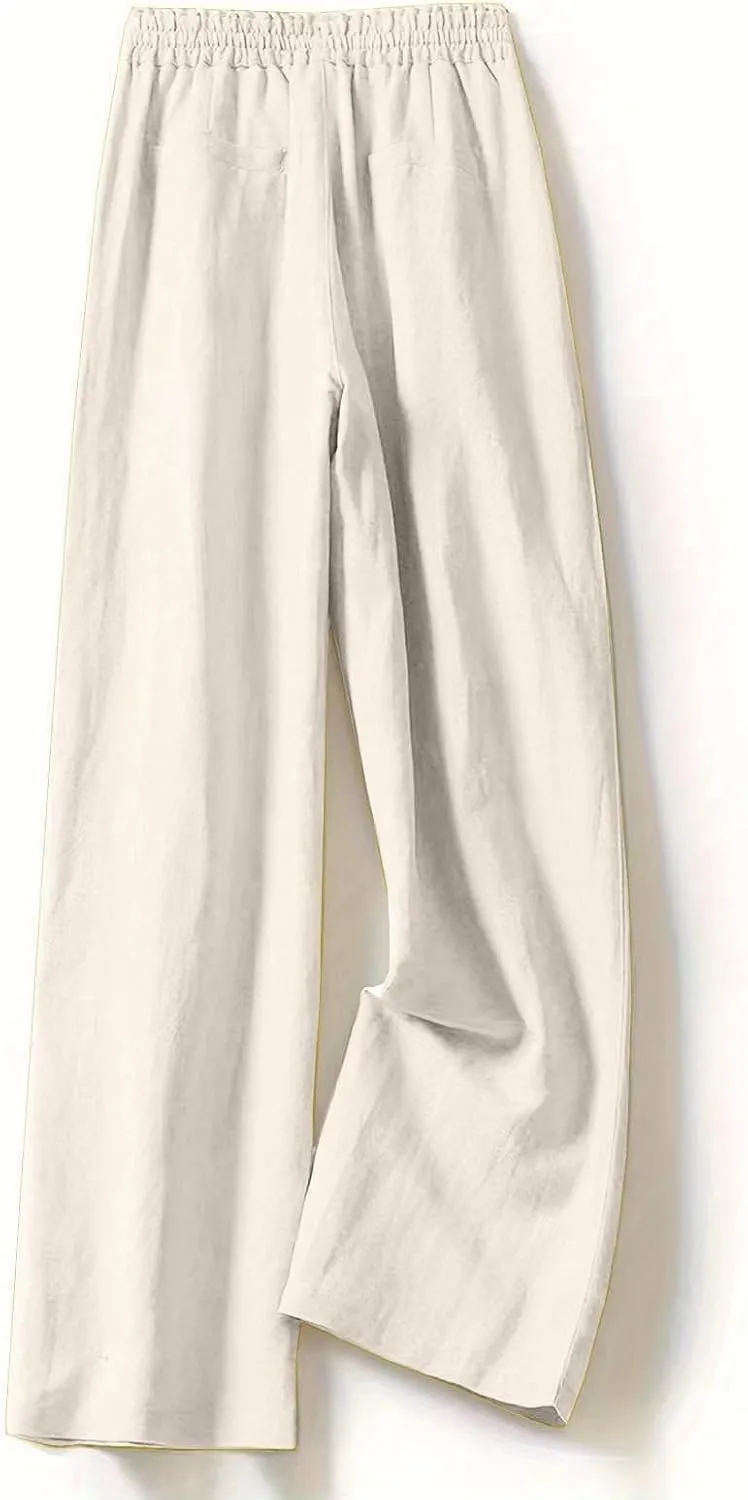 PTOLOCIF Women's Linen Blend Pants Casual Lightweight Wide Leg Palazzo Pant Drawstring Elastic Waist Pants with Pockets