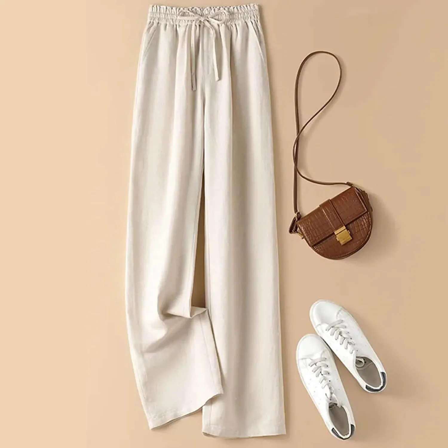 PTOLOCIF Women's Linen Blend Pants Casual Lightweight Wide Leg Palazzo Pant Drawstring Elastic Waist Pants with Pockets