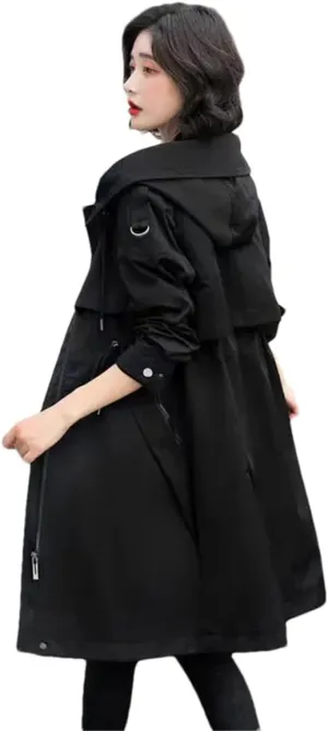 Pulcykp Women Solid Zipper Long Trench Coat Casual Hooded Drawstring Windbreaker Overcoat