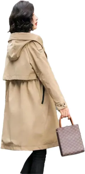 Pulcykp Women Solid Zipper Long Trench Coat Casual Hooded Drawstring Windbreaker Overcoat