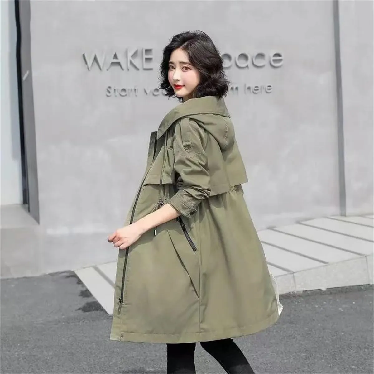 Pulcykp Women Solid Zipper Long Trench Coat Casual Hooded Drawstring Windbreaker Overcoat