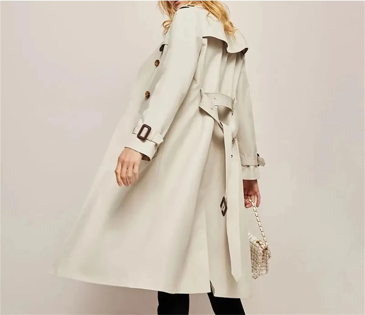 Pulcykp Women's Loose Lapel Trench Coat Casual Midi Length Double Breasted Windbreaker Tops