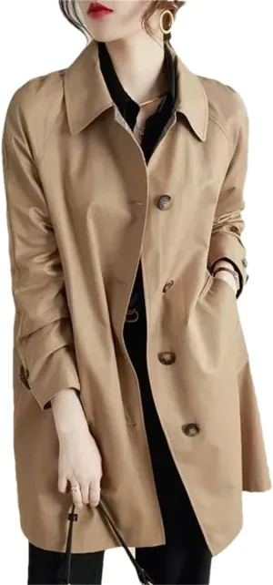 Pulcykp Women's Slim Mid-Length Trench Coat Loose Single-Breasted Lapel Jackets Outerwear