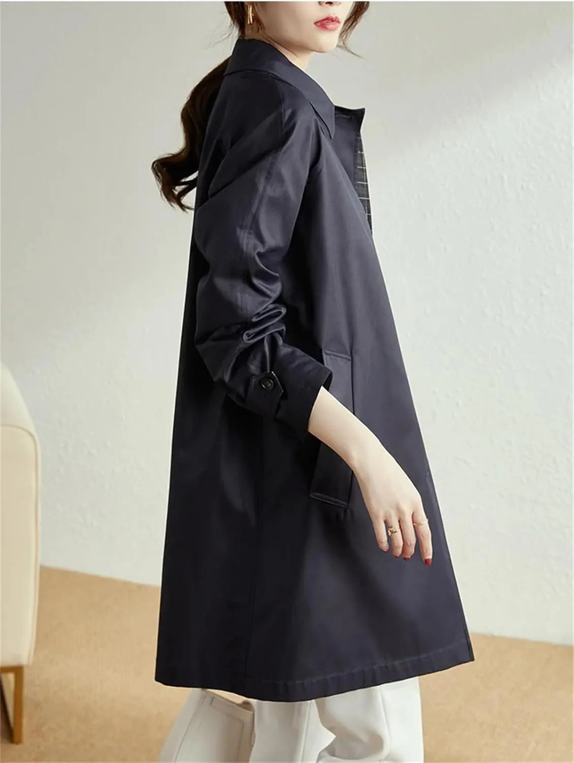 Pulcykp Women's Slim Mid-Length Trench Coat Loose Single-Breasted Lapel Jackets Outerwear