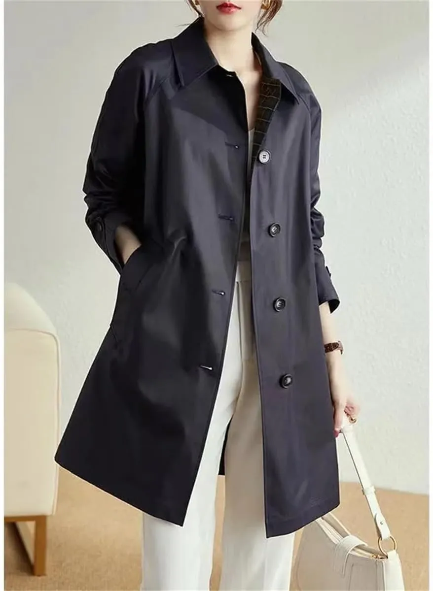 Pulcykp Women's Slim Mid-Length Trench Coat Loose Single-Breasted Lapel Jackets Outerwear