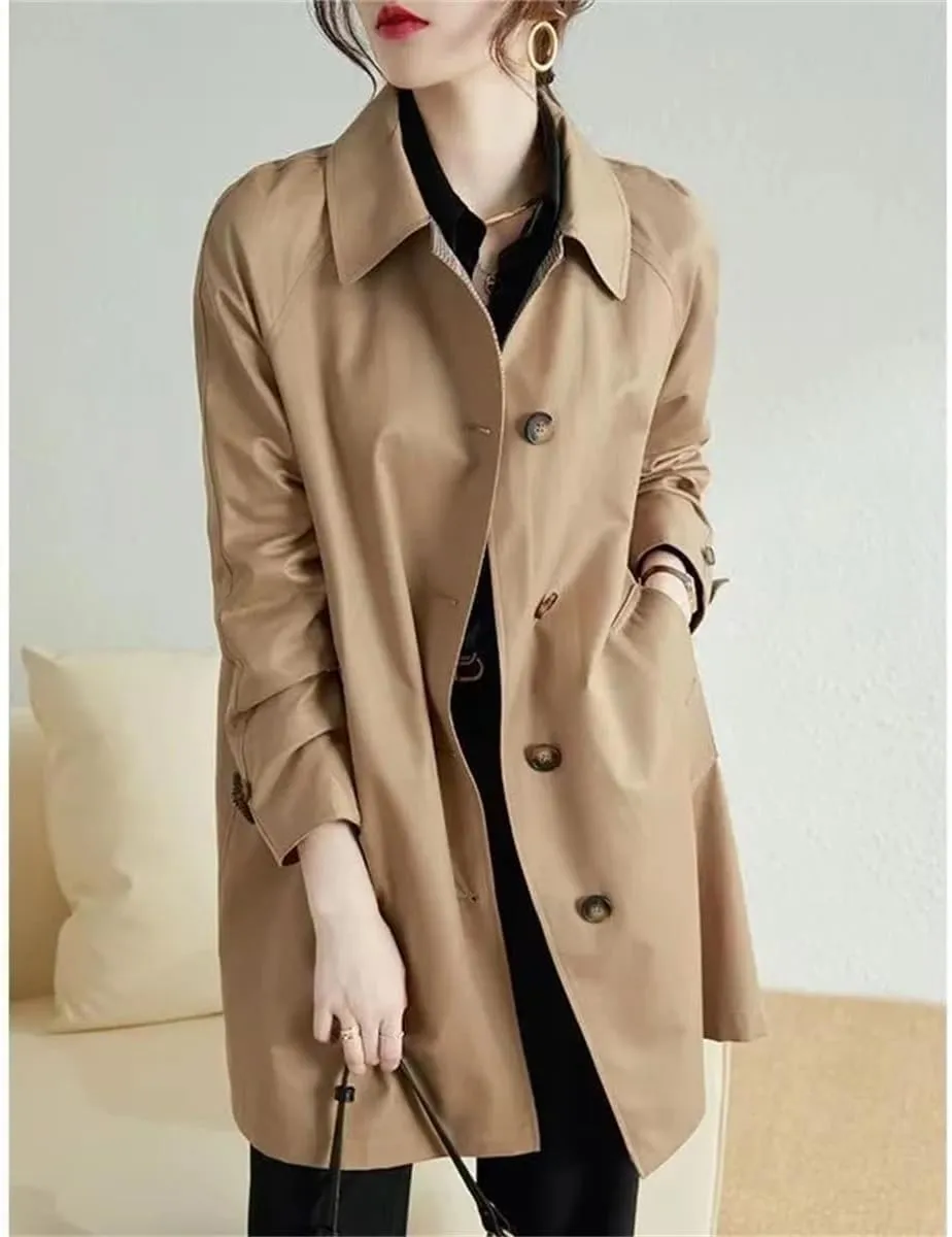 Pulcykp Women's Slim Mid-Length Trench Coat Loose Single-Breasted Lapel Jackets Outerwear