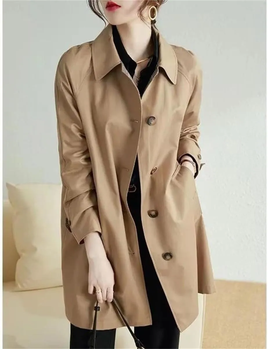 Pulcykp Women's Slim Mid-Length Trench Coat Loose Single-Breasted Lapel Jackets Outerwear