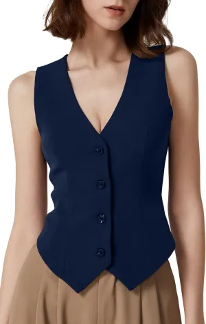 QINSEN V Neck Vest for Women Button Down Sleeveless Lined Fashion Casual Crop Waistcoat Navy L