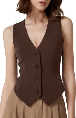 QINSEN Womens Vest Top V Neck Sleeveless Button Down Lined Going Out Crop Tops Coffee Bean XL