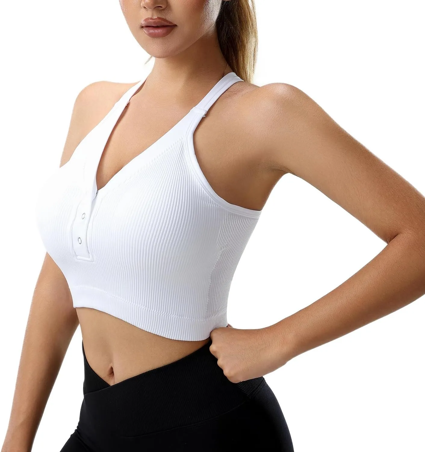 Racerback Padded Sports Bra for Women- Seamless Comfort Push Up Front Closure Tops for Yoga Workout Athletic Fitness