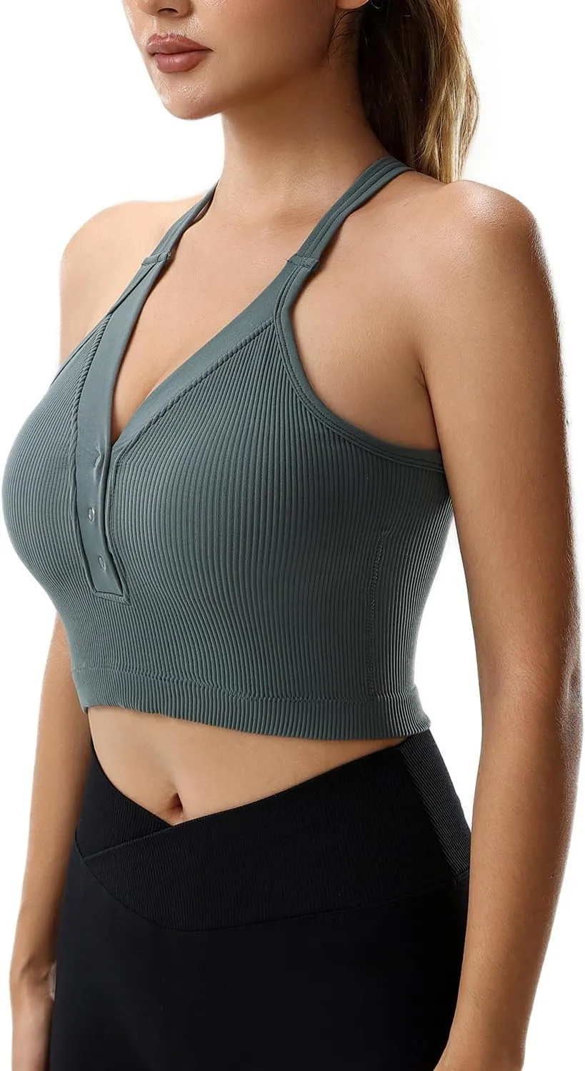 Racerback Padded Sports Bra for Women- Seamless Comfort Push Up Front Closure Tops for Yoga Workout Athletic Fitness