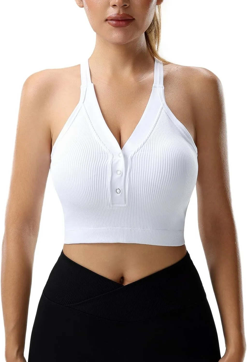 Racerback Padded Sports Bra for Women- Seamless Comfort Push Up Front Closure Tops for Yoga Workout Athletic Fitness