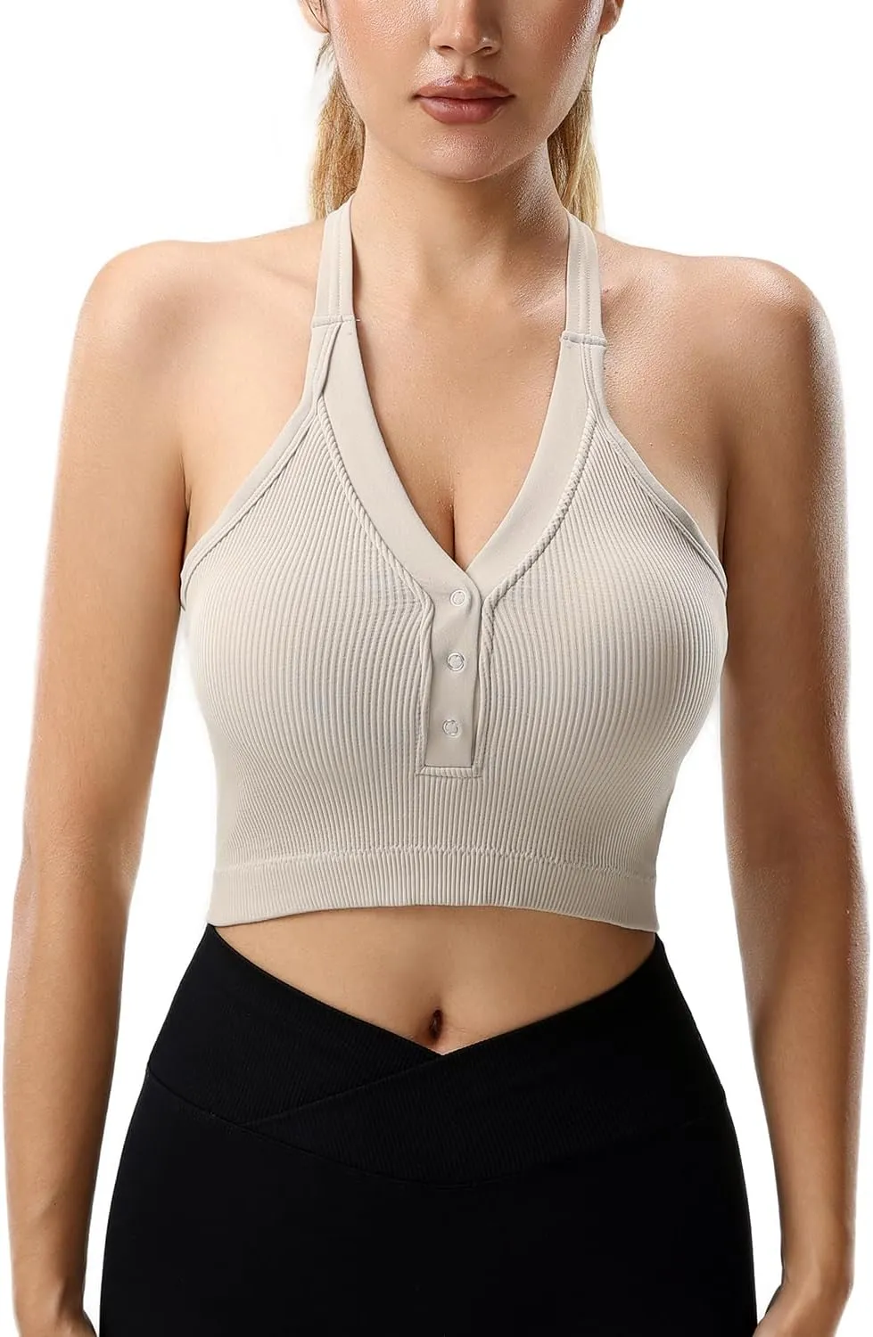 Racerback Padded Sports Bra for Women- Seamless Comfort Push Up Front Closure Tops for Yoga Workout Athletic Fitness