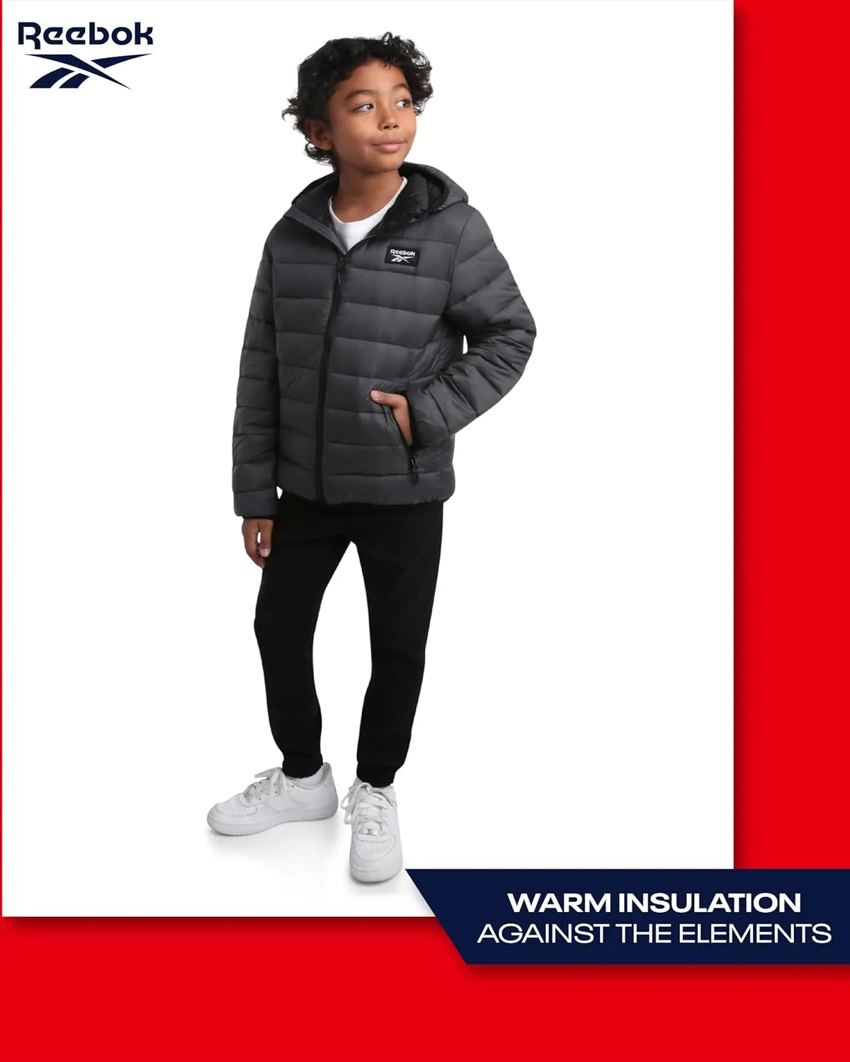 Reebok Boys Jacket  Water Resistant Midweight Quilted Puffer Coat  Insulated Outerwear Down Coat for Boys (4-20)