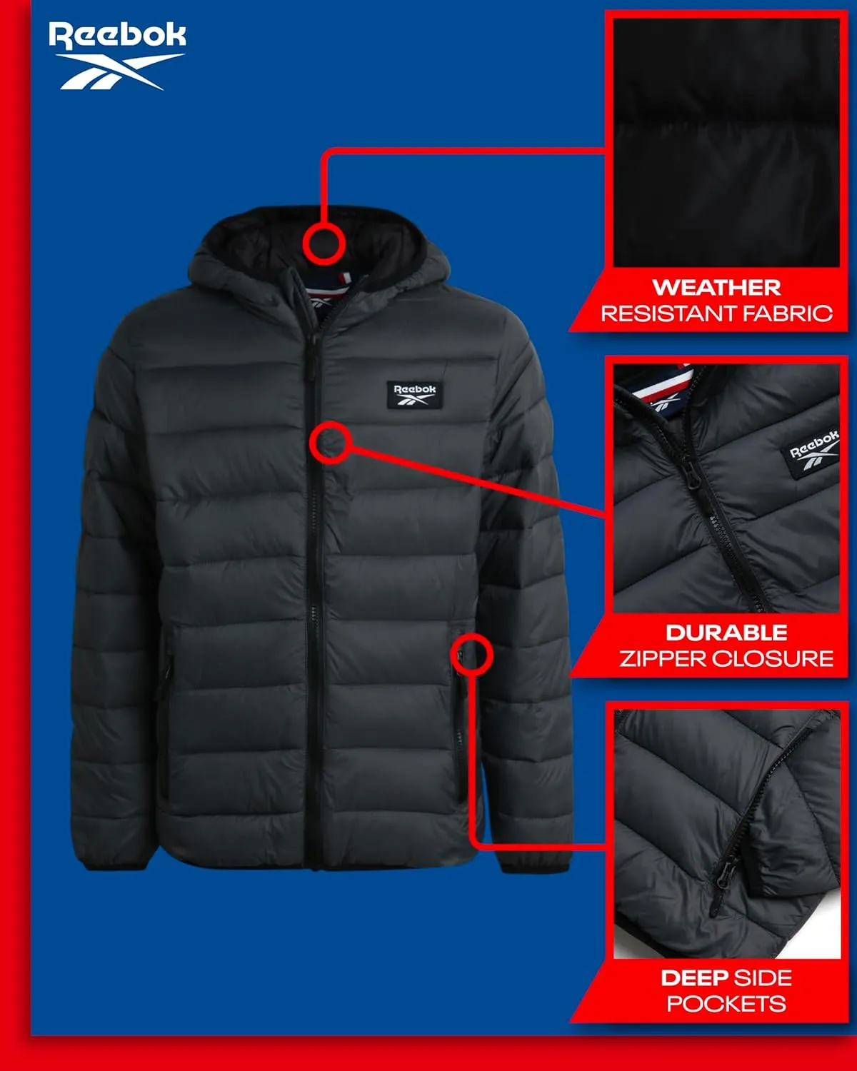 Reebok Boys Jacket  Water Resistant Midweight Quilted Puffer Coat  Insulated Outerwear Down Coat for Boys (4-20)