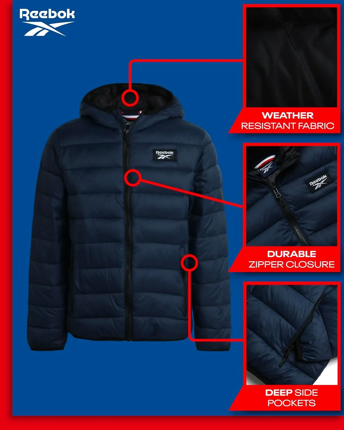 Reebok Boys Jacket  Water Resistant Midweight Quilted Puffer Coat  Insulated Outerwear Down Coat for Boys (4-20)