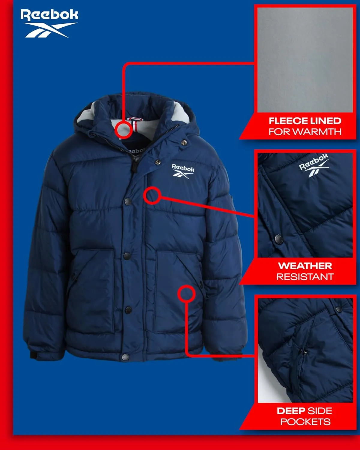 Reebok Boys' Winter Coat - Heavyweight Quilted Puffer Snow Parka - Weather Resistant Ski Jacket for Boys (8-20)