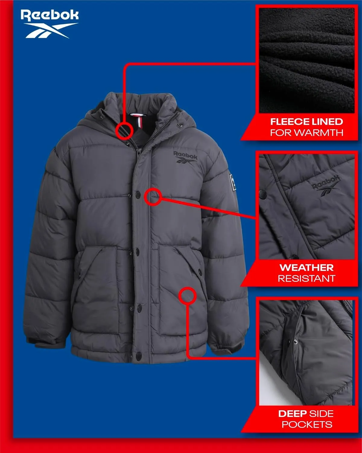 Reebok Boys' Winter Coat - Heavyweight Quilted Puffer Snow Parka - Weather Resistant Ski Jacket for Boys (8-20)