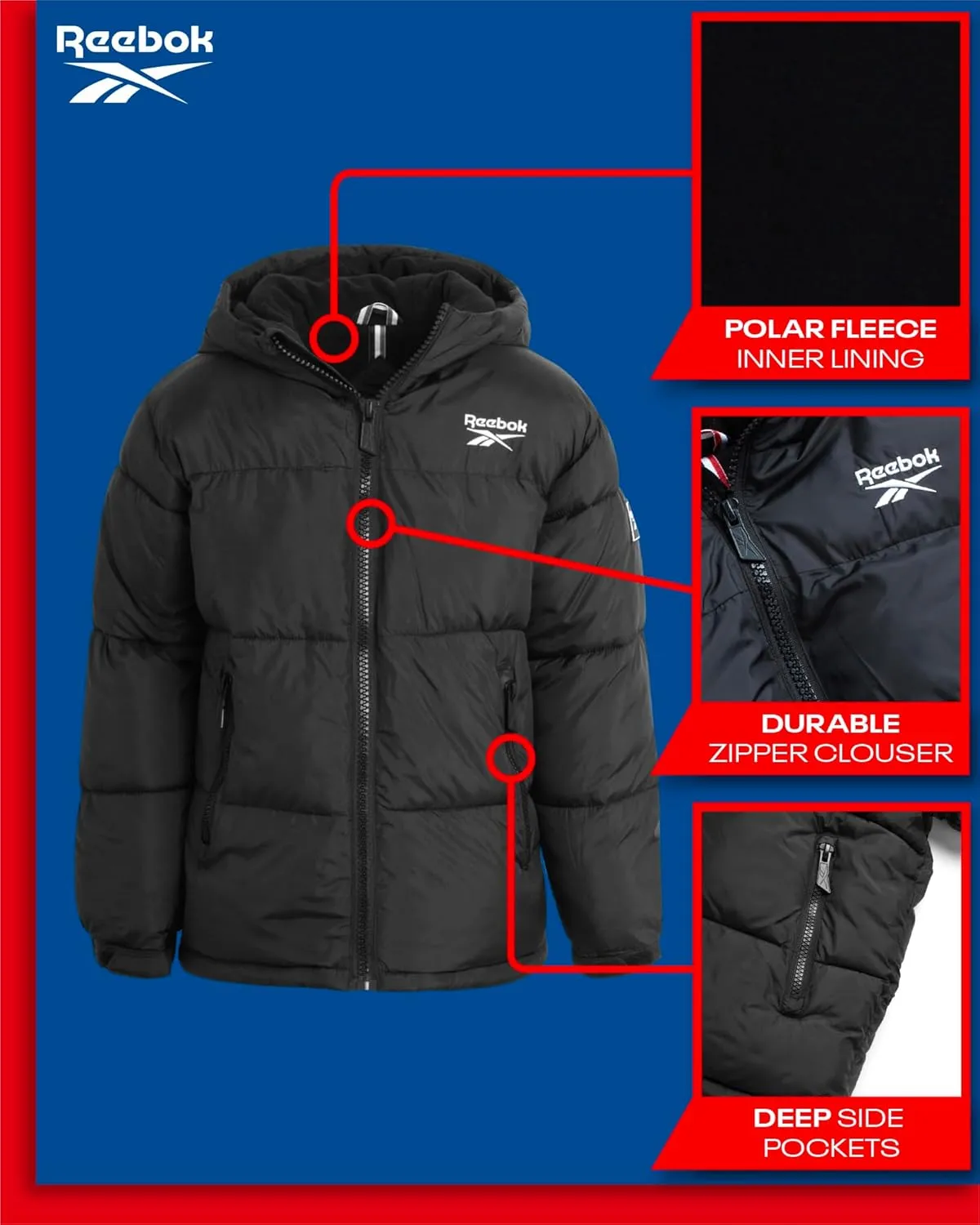 Reebok Boys' Winter Jacket  Heavyweight Quilted Puffer Parka Coat - Weather Resistant Ski Jacket for Boys (8-20)