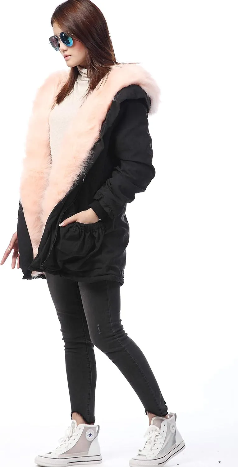 Roiii Women Thicken Warm Winter Coat Hood Down Parka Fleece Fur Outdoor Overcoat Long Jacket Outwear