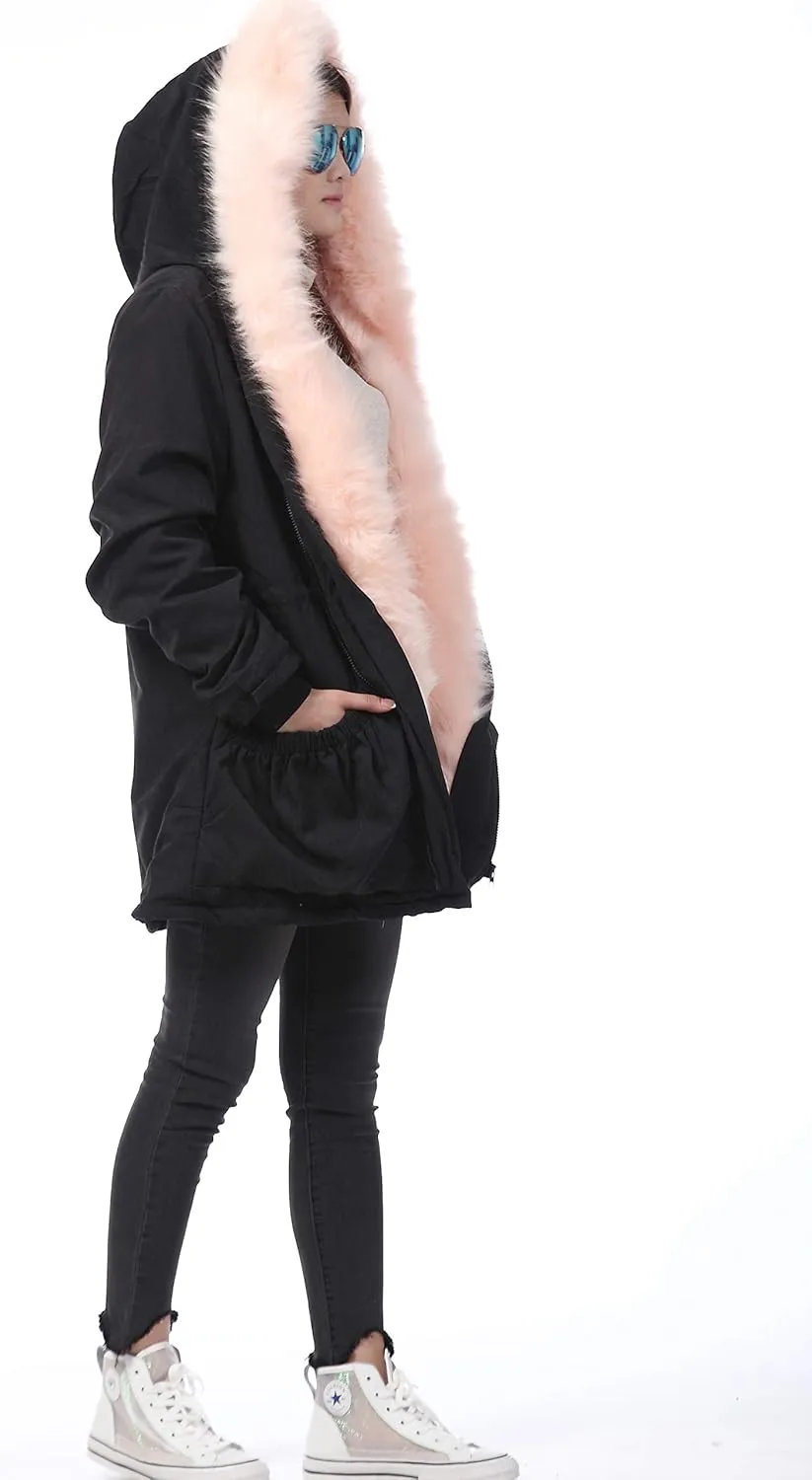 Roiii Women Thicken Warm Winter Coat Hood Down Parka Fleece Fur Outdoor Overcoat Long Jacket Outwear