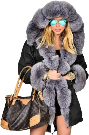 Roiii Women Thicken Warm Winter Coat Hood Down Parka Fleece Fur Outdoor Overcoat Long Jacket Outwear
