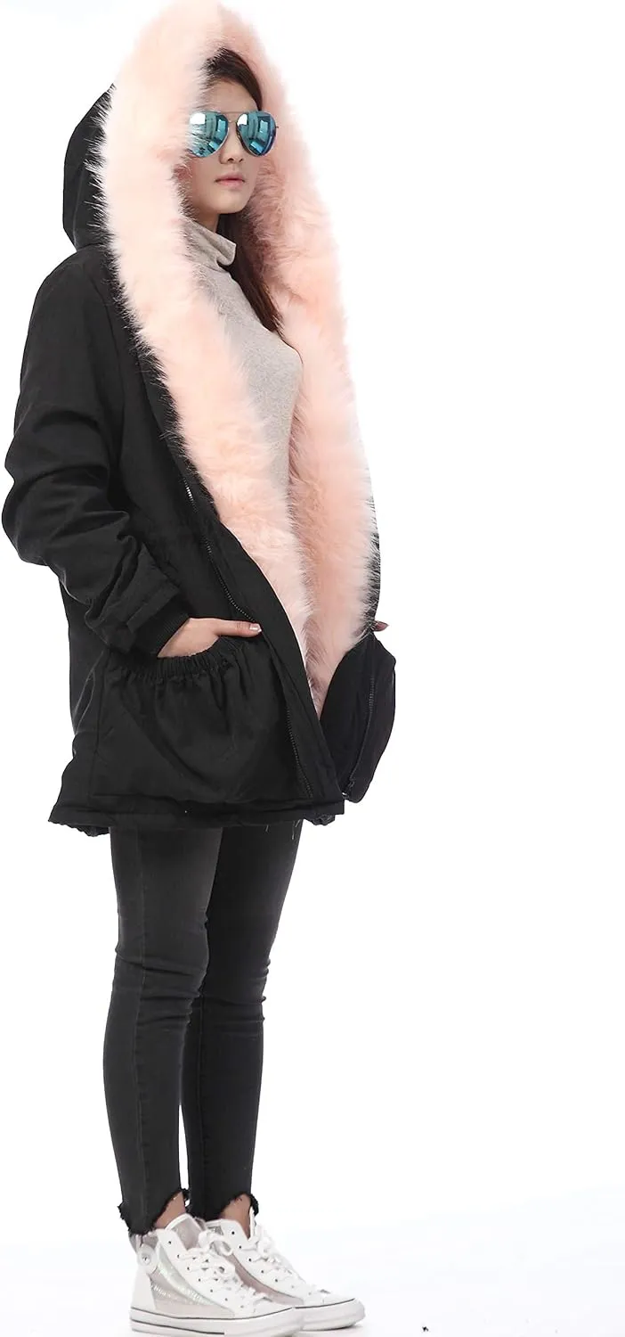 Roiii Women Thicken Warm Winter Coat Hood Down Parka Fleece Fur Outdoor Overcoat Long Jacket Outwear