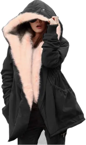 Roiii Women Thicken Warm Winter Coat Hood Down Parka Fleece Fur Outdoor Overcoat Long Jacket Outwear