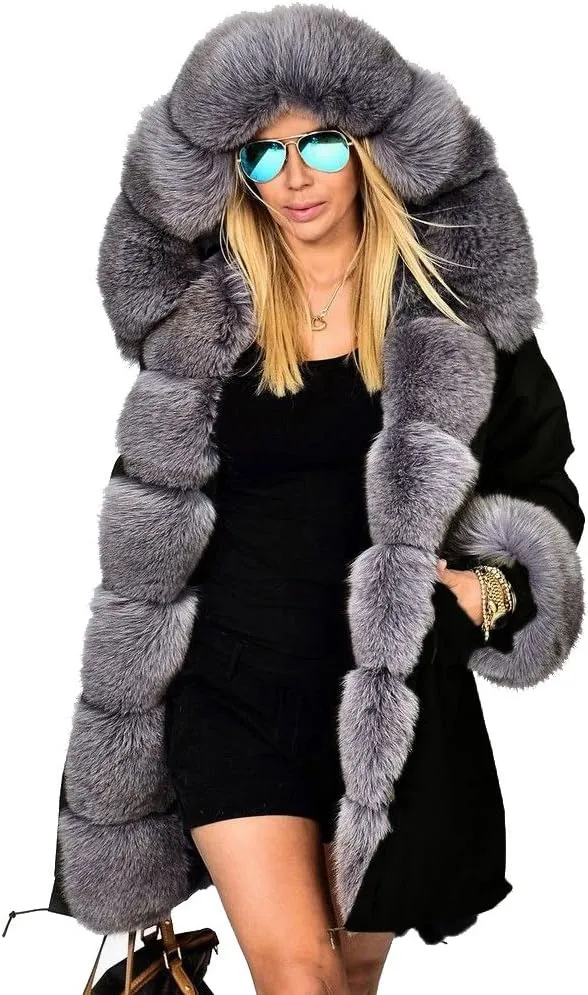 Roiii Women Thicken Warm Winter Coat Hood Down Parka Fleece Fur Outdoor Overcoat Long Jacket Outwear