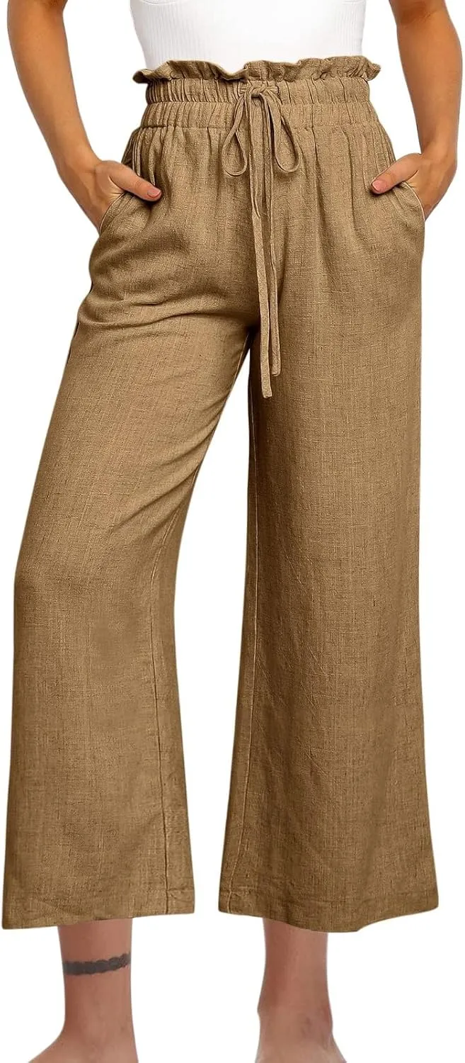 Ruffle High Waist Casual Pants for Women Solid Color Loose Wide Leg Trousers Lightweight Comfy Cotton and Linen Pants
