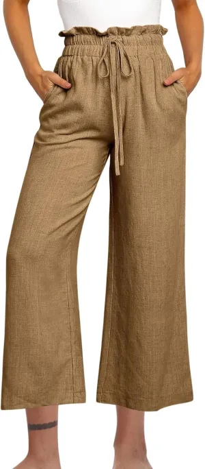 Ruffle High Waist Casual Pants for Women Solid Color Loose Wide Leg Trousers Lightweight Comfy Cotton and Linen Pants