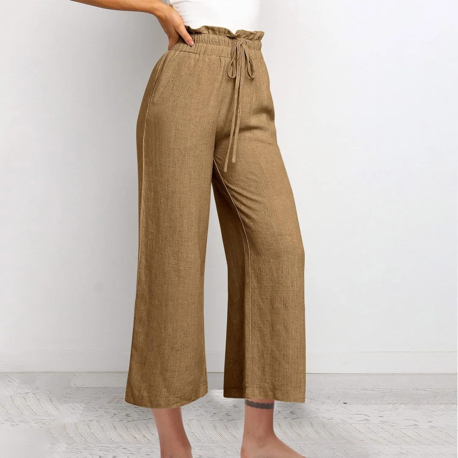 Ruffle High Waist Casual Pants for Women Solid Color Loose Wide Leg Trousers Lightweight Comfy Cotton and Linen Pants
